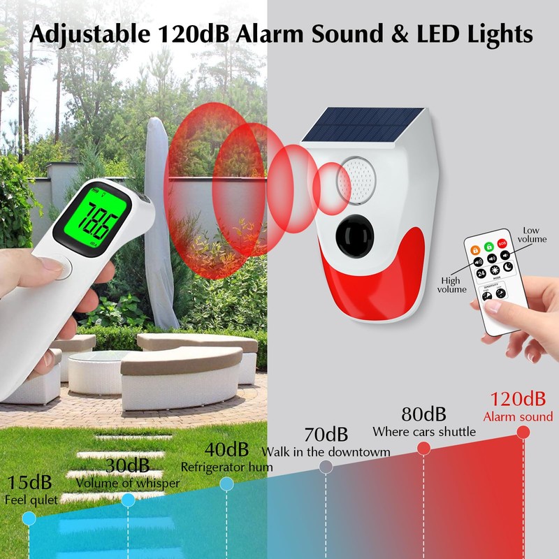 eMylo Solar Motion Sensor Alarm Outdoor, 120dB Loud Noise Maker&Strobe