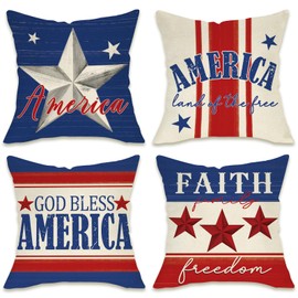 Fahrendom 4th of July God Bless America Patriotic Decorative Throw Pillow Covers 18 x 18 Set of 4, USA Stripes Stars Land of The Free Outdoor Pillowcase, American Faith Freedom Cushion Case Home Decor