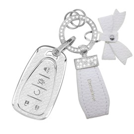 For Chevy Key Fob Cover with Fashion Bowknot Diamond Keychain,Enchanting Diamond Patterns Soft Case Fit For Malibu Equinox Blazer Cruze Camaro Traverse Volt Bolt Sonic (5 Buttons - White Bowknot)
