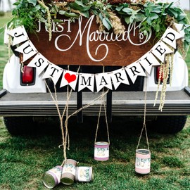 Just Married Car Decoration Kit – Banner, Just Married Can Stickers, and Twine for Easy Wedding Car Decor Exterior Decorations Accessories