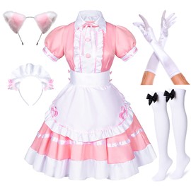 Japanese Anime Sissy Maid Dress Cosplay Sweet Classic Fancy Apron Socks Gloves Faux Fur Cat Furry Headwear Set Pink(XL)