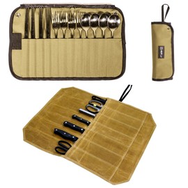 GCFTIFF 2pcs Camping Utensil Bag, Knife Roll Bag,Portable Knives Pouch,Canvas Roll Up Culinary Tableware Storage,Picnic Cutlery Organizer Bag,Cooking Utensils Hanging Bag,Travel Cutlery Pouch