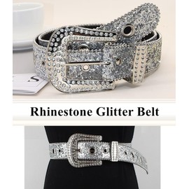 JFYSJH Silver Rhinestone Belts BB Belt Bling Western Cowgirl Cowboy Belt Sparkly Glitter Cover Belt, Fit Waist 32-37 inch