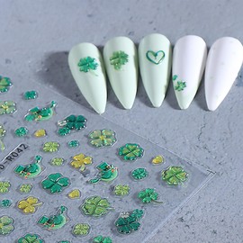 St. Patrick's Day Nail Stickers for Nail Art Spring Irish Clover Nail Decals 5D Embossed Self-Adhesive Green Clover Sticker for Women St. Patrick's Day Gift Nail Decoration