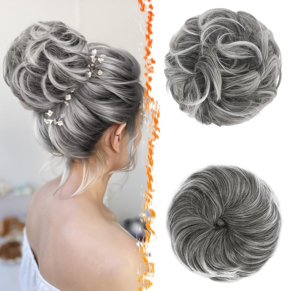 BARSDAR 2 PCS Messy Bun Hair Pieces - Elastic Grey