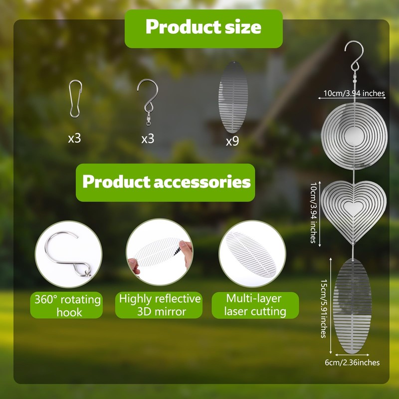 3 Sets Bird Frighten Devices for Outside, 3D Reflective Stainless