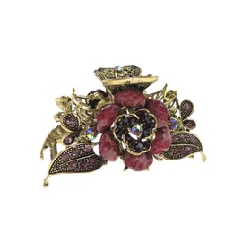 Womens Metal Wedding Bridal Bride Party Prom Birthday Strong Gold Tone Vintage Look Rose Flower Hair Accessory Up Do Octopus Bulldog Claw Grip Clamp Clip Plum Pink