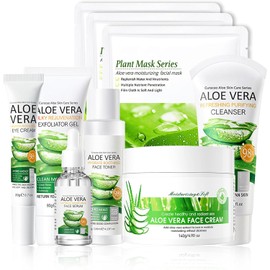 Set De 9 Productos De Aloe Vera Para El Cuidado De La Piel Con Limpiador Facial Hidratante, Tónico, Sérum Facial, Crema Facial, Contorno De Ojos, Gel De Aloe Vera Y 3 Mascarillas Faciales