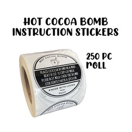 Hot Cocoa Bomb Stickers 250 per Roll 2” Chocolate Instructions DIYers Bulk Packaging Spoons Labels Tags Minimalist Black Bar and White
