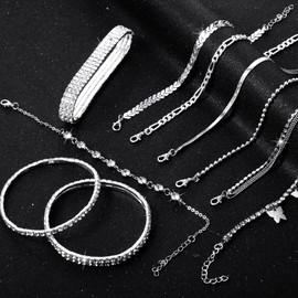 Jadive 10 Pcs Ankle Bracelets for Women Waterproof Link Anklets Adjustable Beaded Boho Beach Anklet Chain Bracelet Jewelry Set (Silver)