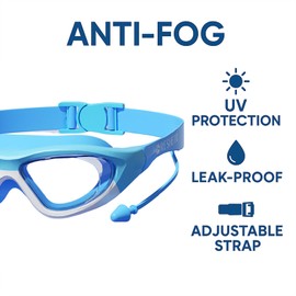 Swimming Goggles with Ear Plugs, Anti-Fog Lenses, Mint Green and Yellow, Adjustable Head Strap (blue white)