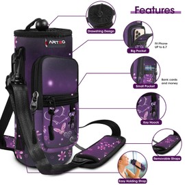 ARTSO Water Bottle Carrier Bag Sling Holder Pouch, 25oz 32oz 40oz 64oz Insulated Water Bottle Sleeve Case Cover with Adjustable Shoulder Hand Strap Pocket for Men Women, Purple Heart Butterfly