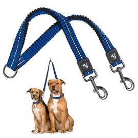 Kruz Double Dog Coupler - KZVX2-15S - Tangle Free Dog Walking and Training Dual Extension Coupler - Comfortable, Shock Absorbing - Reflective Bungee Coupler for Two Dogs - Blue - 5/8" x 14"