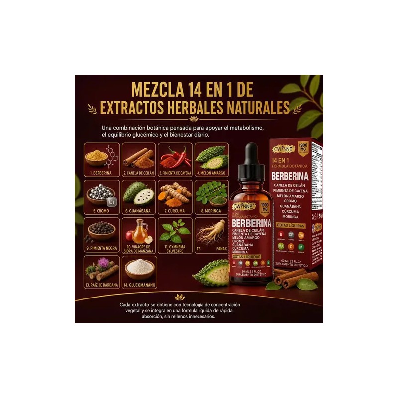 Gwynne Suplemento Dietético Gotas Líquidas Berberina Fórmula 1900 Pimienta Cayenne