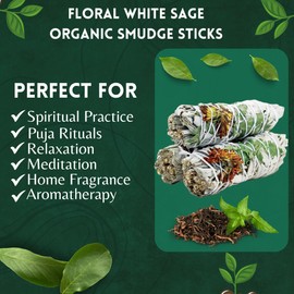 Floral White Sage Organic Smudge Sticks with Flowers 3 Pack for Cleansing Home, Meditation, Yoga, Healing and Smudging | Sustainably Sourced California White Sage Bundles (Peaceful)