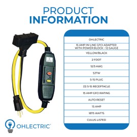 OHLECTRIC 2 Feet in-line GFCI with Power Block | 12 Guage SJTW Portable Adapter | Transform Single 5-15 Plug into Three 5-15 Receptacles| 20 AMP, Rainproof Enclosure