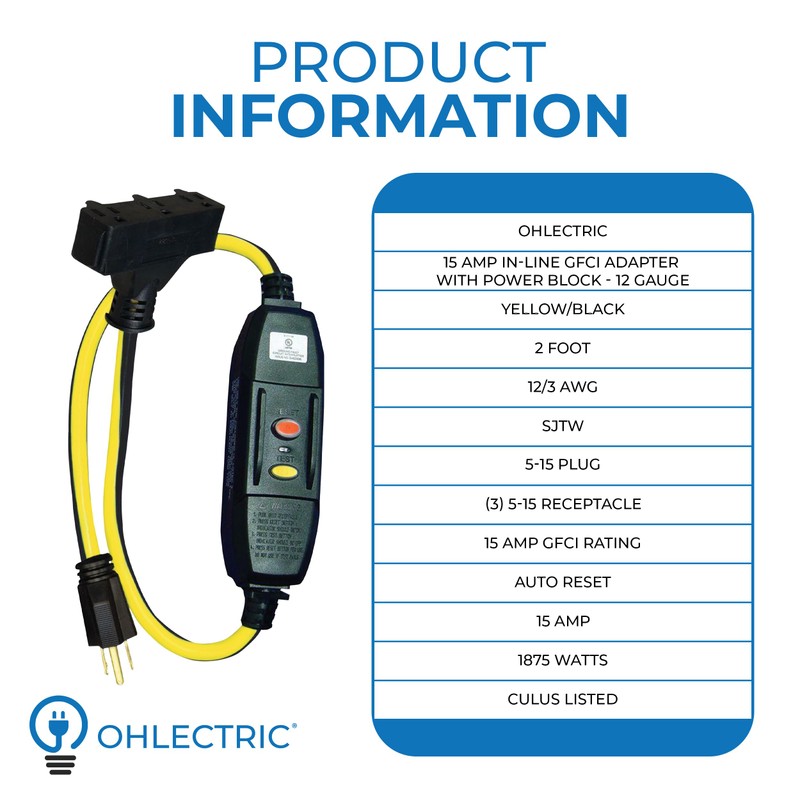OHLECTRIC 2 Feet in-line GFCI with Power Block | 12