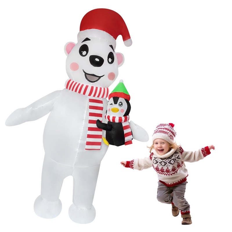 eLUUGIE Inflatable Polar Bear Holding Penguin Christmas Inflatable Penquin Costume