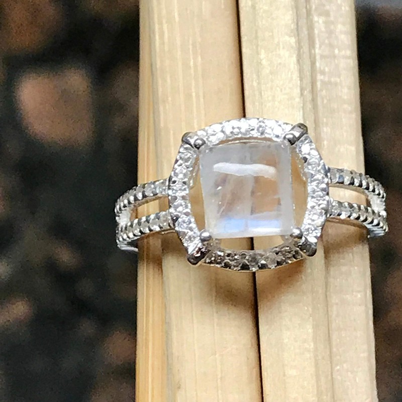 Natural Rainbow Moonstone 925 Solid Sterling Silver Engagement Ring Size