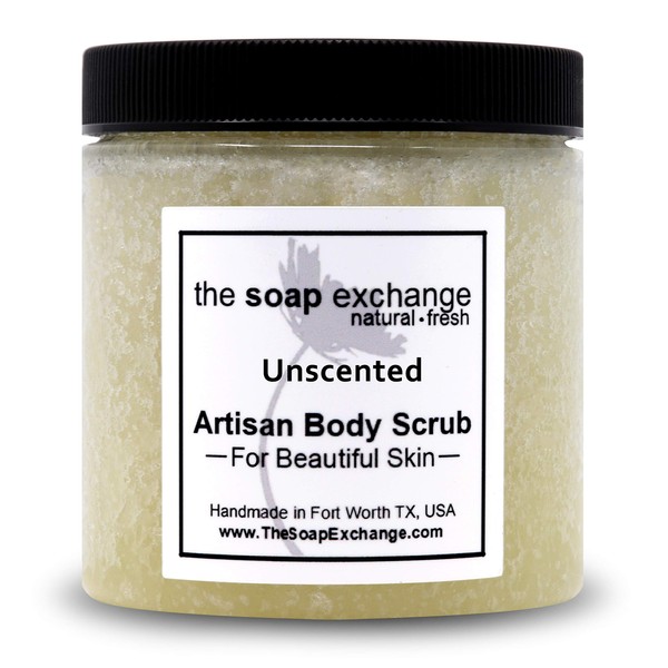 The Soap Exchange Sugar Body Scrub - Unscented Fragrance Free - Hand Crafted 8 fl oz / 240 ml Natural Artisan Skin Care, Shea Butter, Exfoliate, Moisturize, & Protect. Made in the USA.
