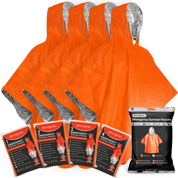aZengear Emergency Survival Poncho (Pack of 4) Thermal Mylar Foil Coating Blanket for Heat Retention and Rain | Reversible Hooded | Waterproof, Windproof, Portable, Hands-Free, Outdoor Kit