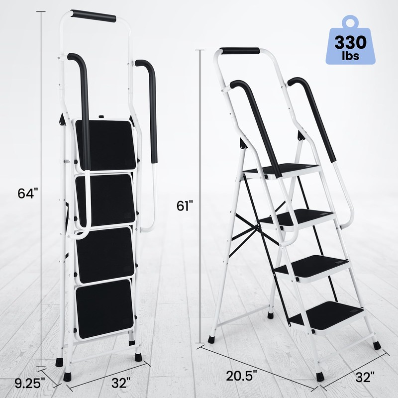 Step Ladder 4 Step Folding with Handrails, Folding Step Stool