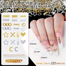 Kikonoke 220 Pieces Gold Silver Chain Nail Charms for Acrylic Nails 3D Circle Moon Star Nail Jewels Alloy Cross Charms for Girls Women DIY Nail Design Craft Jewelry Making