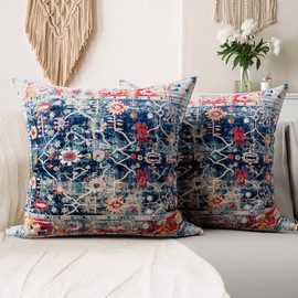 SZXYCZL 2Packs Boho Pillows Covers 16×16 inch, Linen Bohemia Carpet Pattern Decorative Couch Throw Cushion Covers for Living Room Bed Outdoor Pillow Case-Flower Blue