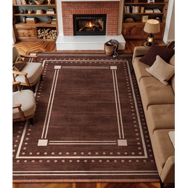 YIHOUSE Brown Bordered Rugs for Living Room 8x10, Non-Slip Washable Farmhouse Bedroom Rug, Ultra-Soft Low-Pile Indoor Carpets, Stain-Resistant Vintage Polka Dot Rugs for Dining Room, Office