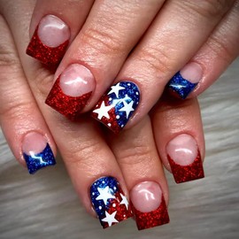 4th of July Nails - Fourth of July Nails Short Square Press on Nails Red French Tip Fake Nails with Stars Glitter Design, Acrylic Artificial False Nails Press Ons Stick On Nails for Women
