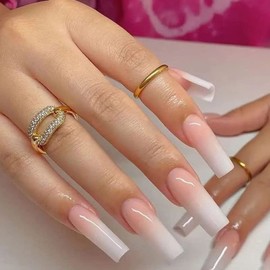 RikView Long Press on Nails French Acrylic Nails Gradient Nude Press on Nails Coffin Fake Nails Pink Nails Glossy Nails