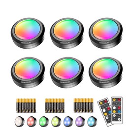 LOINSGLIM Puck Lights with Remote,Under Cabinet Lighting Wireless,Battery Operated RGB LED Lights Dimmable,7 Colors Push Lights for Closet,Kitchen,Under Counter Lights Bar Display Shelf (6pack)