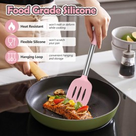 LIANYU Silicone Kitchen Utensils Set of 6, Cooking Utensils Spatula Set for Nonstick Cookware, Heat Resistant Kitchen Gadgets Tools, Stainless Steel Handle, Pink