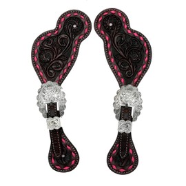 BLACK HOOF Floral Tooled Leather Spur Straps with Buckstitch Design for Horse Riders | Western Men, Women, Adjustable Single Ply Spur Straps | Equestrian Accessories, Pink Buckstitch