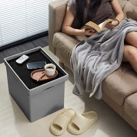 AmasSmile® Storage Ottoman Foot Rest Stool, 17 inch Folding Leather Footstool Bench, Short Grey Ottoman Stool, Storage Foot Rest Store, Books