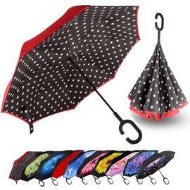 MRTLLOA 40/49/56 Inch Oversize Windproof Inverted Reverse Upside Down Umbrella, Golf Size Rain Umbrella, Double Layer, C-Shaped Handle for Men, Women and Kids (Red Dot, 56 Inch)