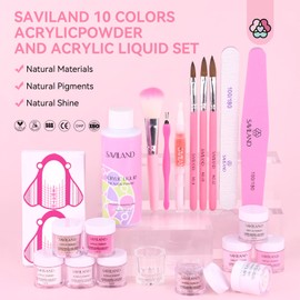 Saviland Acrylic Nail Set – 10 Colors Glitter Pink Acrylic Powder and Acrylic Liquid Acrylic Nail Brushes Nail From Dappen Dish Cuticle Oil Nail Supplies for Acrylic Application DIY Acrylic Nails