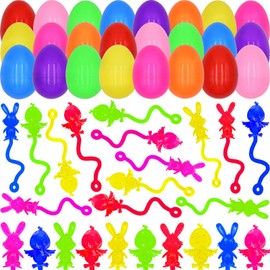 Menzcci 48 Pack Mini Easter Sticky Hand Toys with 24 Pcs Fillable Plastic Eggs, Easter Chick Bunny Sticky Stretchy Toys for Kids Boys Girls Easter Basket Stuffers Party Favors Gifts