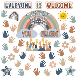 4E's Novelty 46 Pcs "Everyone is Welcome" Boho Classroom Bulletin Board Sets, With 30 Hands - Boho Welcome Bulletin Board Set, Motivational Boards Decorations with Rainbow & Hands Cutouts Decor for School