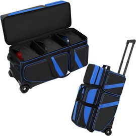 3 Ball Bowling Bag with Wheels, Bowling Roller Bag 3 Ball Rolling Bowling Bag with Shoe Compartment (Fits Up to Size 16), Bowling Bag 3 Ball Roller with Retractable Handle Extends to 41.5" (Blue)