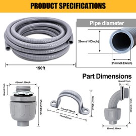 Wocloer 3/4 inch 150 Foot Liquid-Tight Conduit and Connector Kit, Flexible Non Metallic Electrical Conduit, With 10 Straight and 10 Angle Fittings and Pipe Strap
