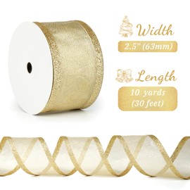 LIZLOVESS Gold Christmas Ribbon Wired 2.5 Inch Metallic Gold Wired Ribbon with Glitter Stripe, Gold Ribbon for Christmas Tree, Wreaths Supplies, Swag, Garland, Holiday Decor- 10 Yards