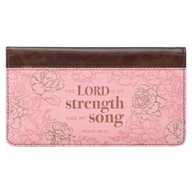 Christian Art Gifts Checkbook Cover for Women with Inspirational Scripture - My Strength and My Song Pink Faux Leather Checkbook Cover for Duplicate Checks, ID, Credit Cards & Pen Loop - Psalm 118:14