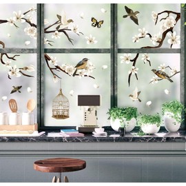 JarThenaAMCS 9 Sheets Spring Summer Bird Branch Window Clings White Cherry Blossom Tree Window Stickers Flower Anti-Collision Double-Sided Glass Decals for School Classroom Home Office Party Decor