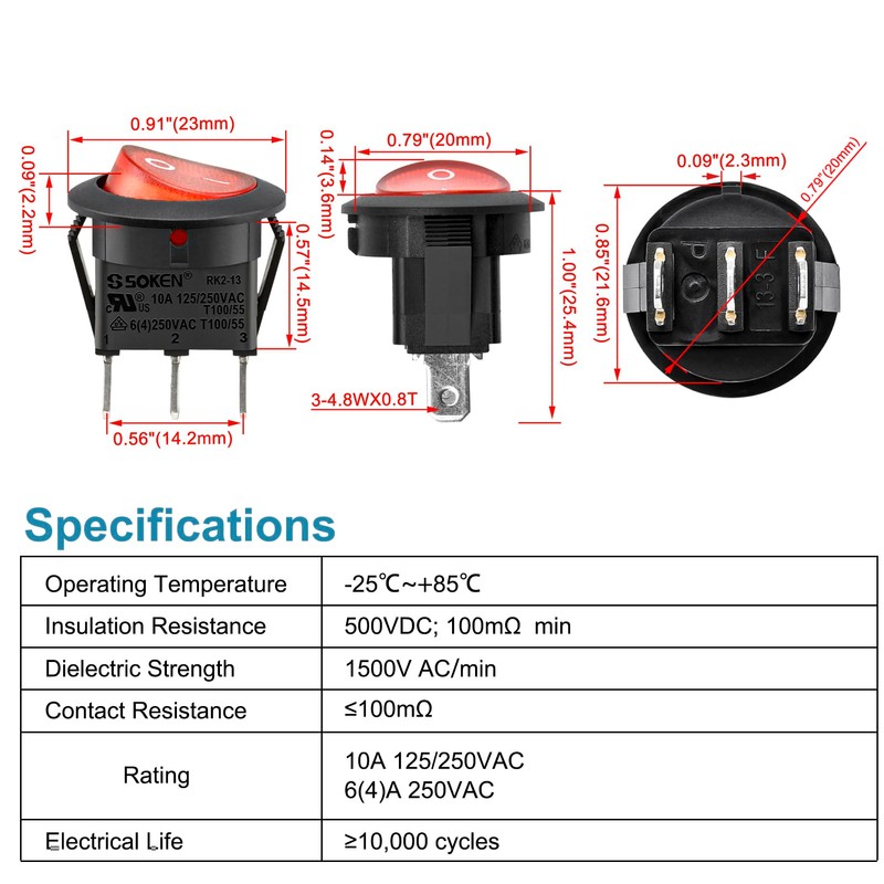 Heschen Red Round Rocker Switch Round ON-Off SPST 3 Terminals