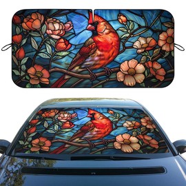 Red Cardinal Car Windshield Sunshade Folding Stained Glass Red Bird Heatshield Front Window Car Sun ​Shade Windshield Rays Sun Shade Visor Protector for Car Sedan Truck SUV Accessories 59x31.5 Inch