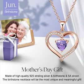 Esberry Forever Love Heart Necklace 18K Gold Plated 925 Sterling Silver Birthstone Pendant Necklace with 5A Cubic Zirconia Birthday Gifts for Women and Girls (Rose Gold-Jun-Alexandrite)