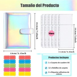 BestoU Organizador de Dinero Carpeta de Cuaderno A6 Organizador de Gastos Agenda de Ahorro Con 12 Sobres Transparentes para Dinero con Cremallera y 2 Etiqueta de Color Papelería de Utiles Oficina (Plata Láser)