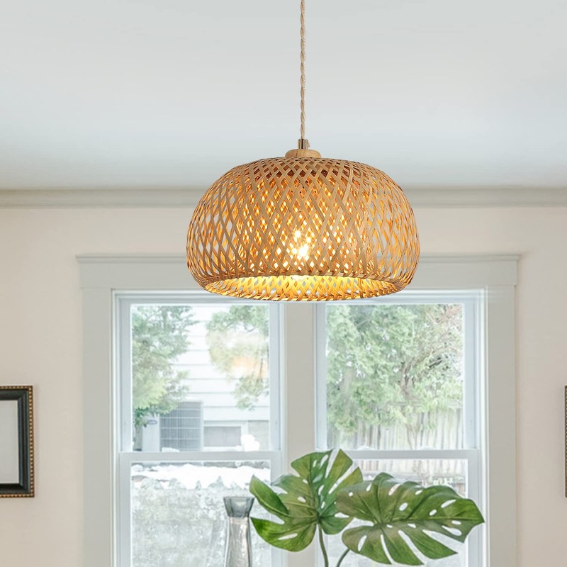 Bamboo Pendant Light Fixture One-Light Adjustable Rustic Basket Handmade Woven
