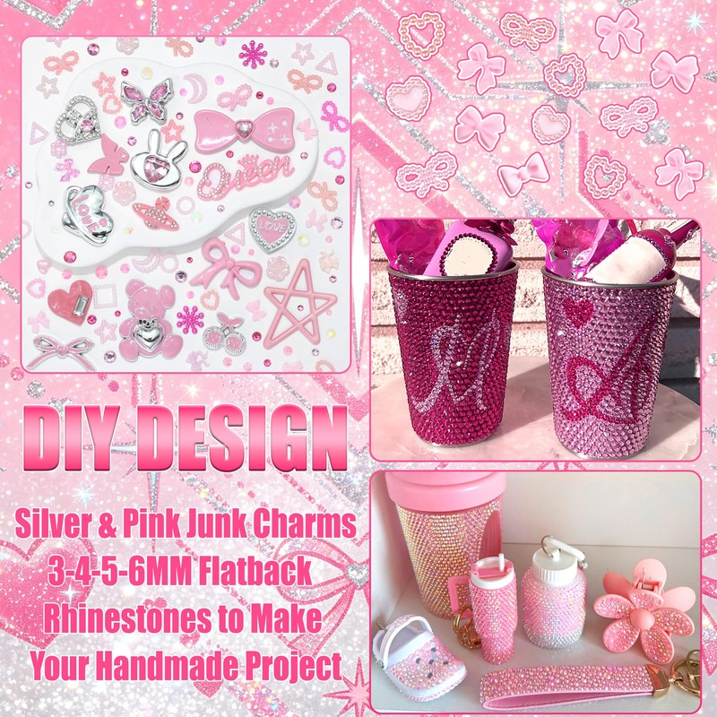 Sliver Pink Junk Case Charms with Bedazzled Kit Y2K Junk
